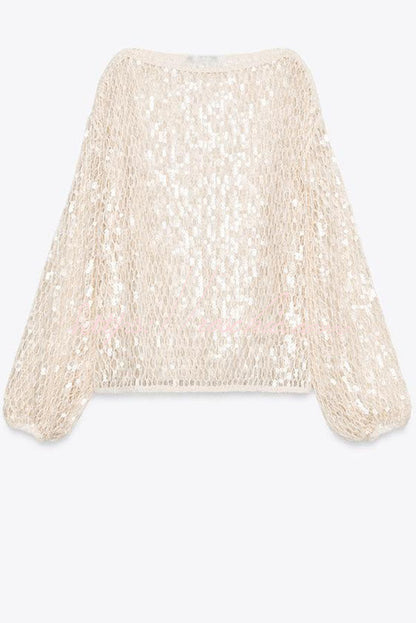 Maja Knit Sequin Hollow Out Wide Neck Balloon Sleeve Loose Cover-up Top