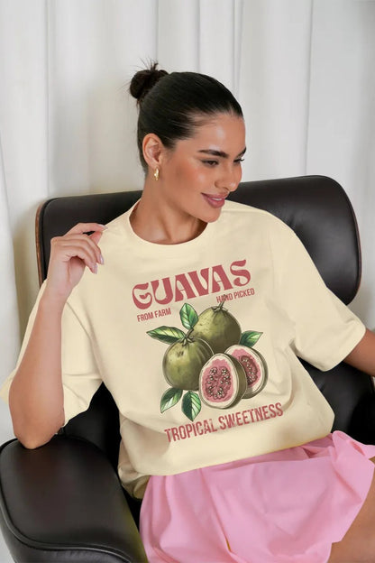 Camiseta Suelta Casual de Algodón con Estampado de Frutas