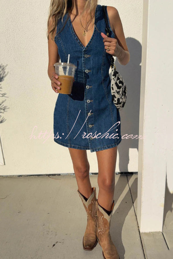 Stylish Sleeveless V-neck Buttons Tie-up Denim Mini Dress