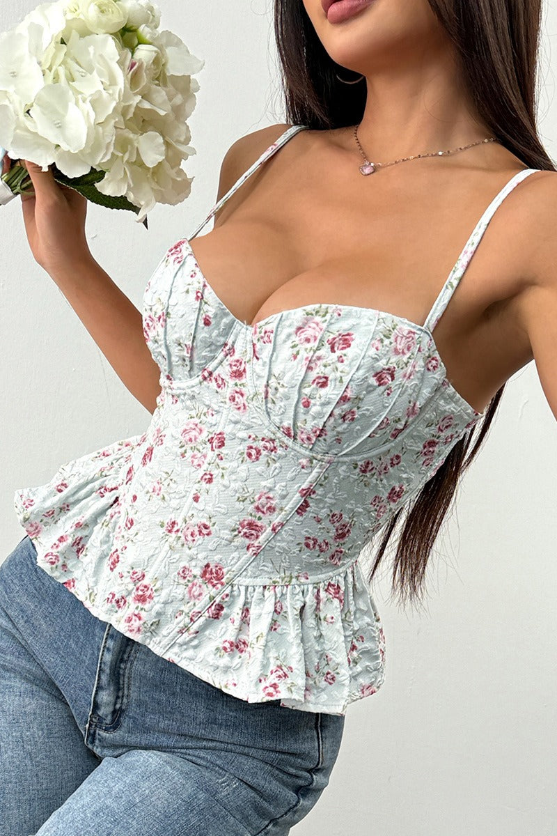 Top de tirantes con volantes irregulares y lazo con estampado floral
