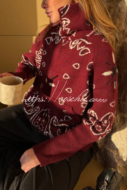 Fashionable Jacquard Turtleneck Long-sleeved Casual Zip-up Pocket Knit Top