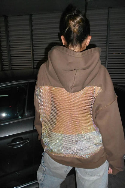 Sudadera casual deportiva con capucha de manga larga y recortes de malla