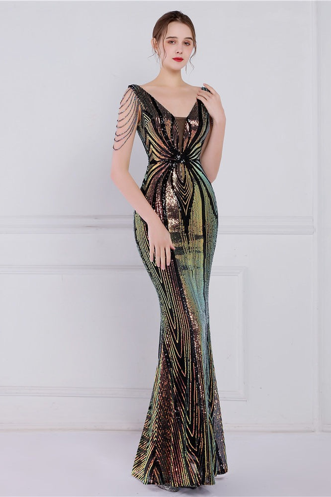 Vestido de fiesta de sirena con lentejuelas florales y pedrería
