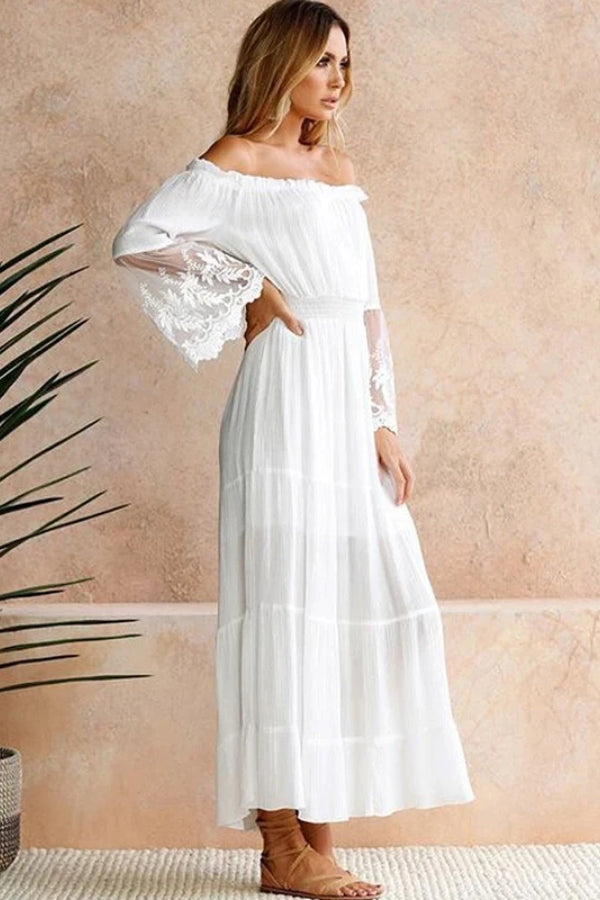 Vestido bohemio con hombros descubiertos y mangas acampanadas