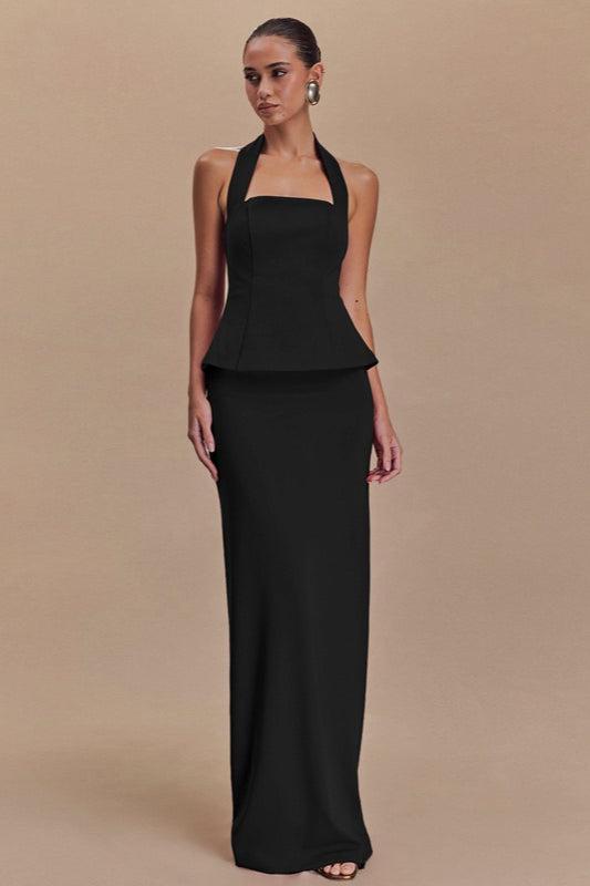 Vestido Formal Largo sin Espalda con Cuello Halter Liso