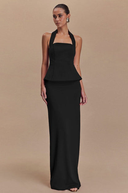 Vestido Formal Largo sin Espalda con Cuello Halter Liso