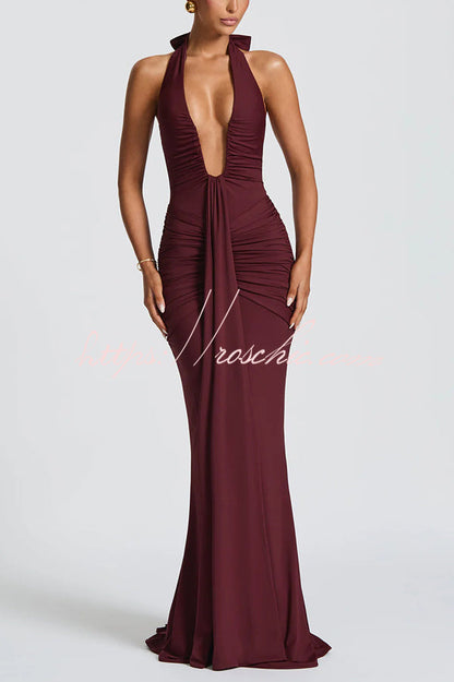 Solid Color Elegant Halterneck V-neck Open Back Tie Gathered Maxi Dress