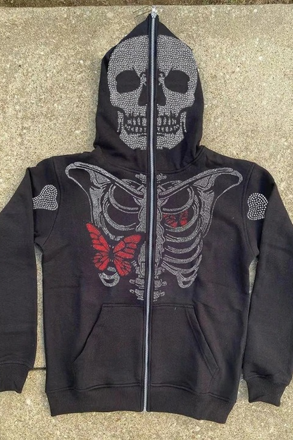 Cartoon Print Camo Panel Zip Youthful Casual Hoodie