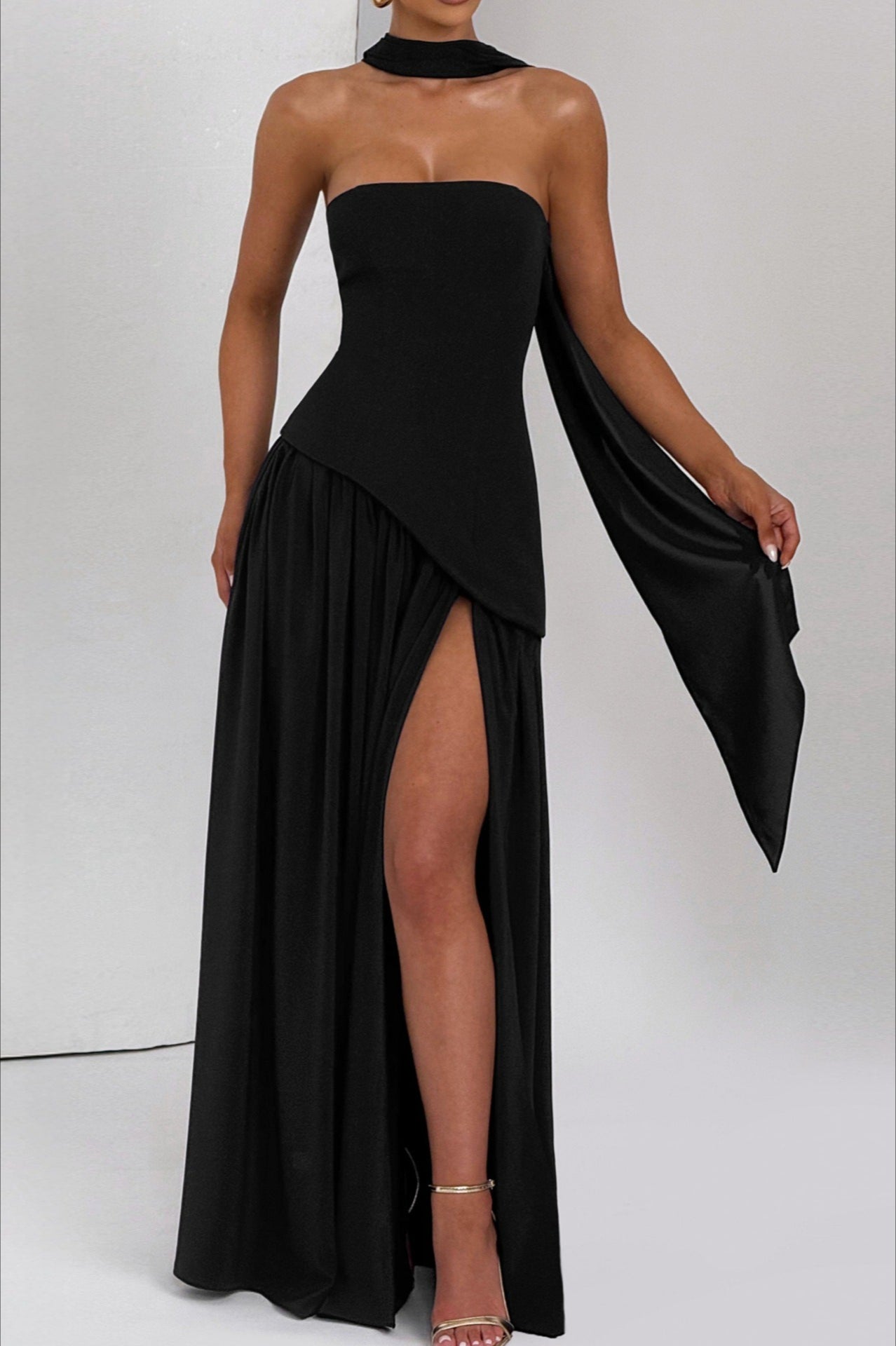 Color Block  Strapless Off Shoulder Slim Formal Dress