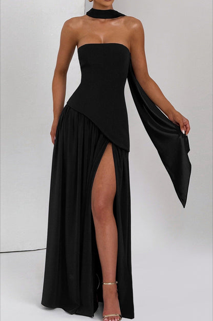 Color Block  Strapless Off Shoulder Slim Formal Dress