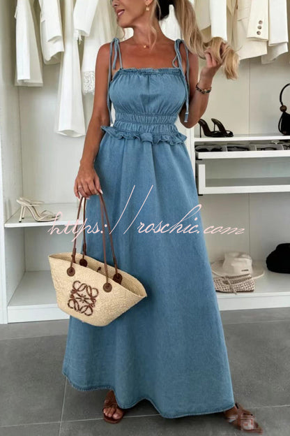 Stylish Square Neck Halter Backless Fitted Waist Pleated Casual Denim Maxi Dress