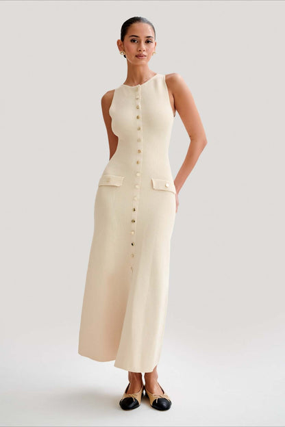 Buttoned Crewneck Sleeveless Knit Bodycon Maxi Sweater Dress