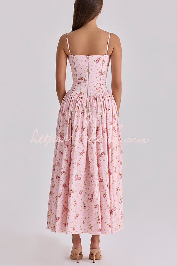 Romantic Countryside Stretch Cotton Blend Floral Print Cutout Trim Slip Midi Dress
