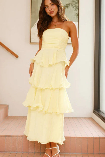Vestido midi escalonado con volantes, sin tirantes, sin espalda, a la moda