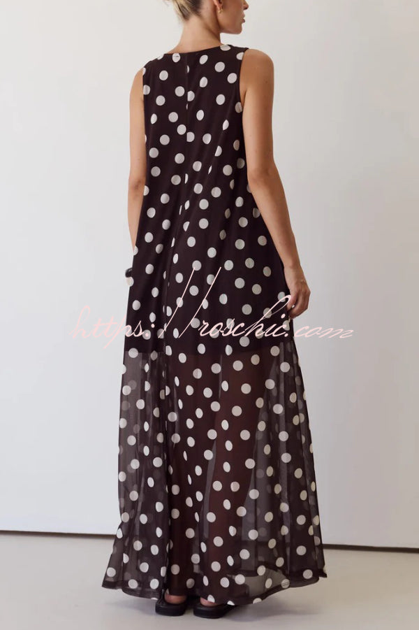 Polka Dot Print Loose Round Neck Sleeveless Mesh Casual Maxi Dress