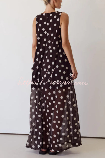 Polka Dot Print Loose Round Neck Sleeveless Mesh Casual Maxi Dress