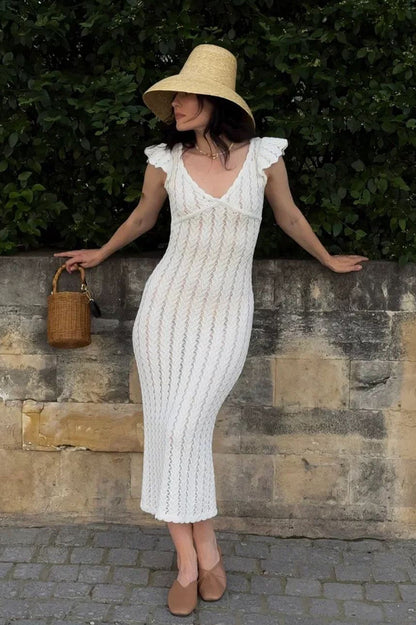 Vestido maxi pastoral de punto con cuello de pico y volantes franceses