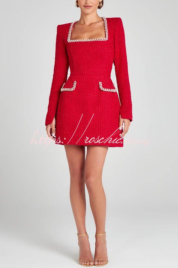 Girly and Glamorous Tweed Fabric Pearl Trim Long Slit Sleeve Pocketed Mini Dress (Shipped Within 24 Hours)