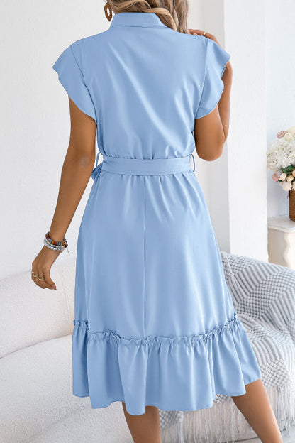 Solid Color Stand Collar Button Waist Tie Casual Midi Dress