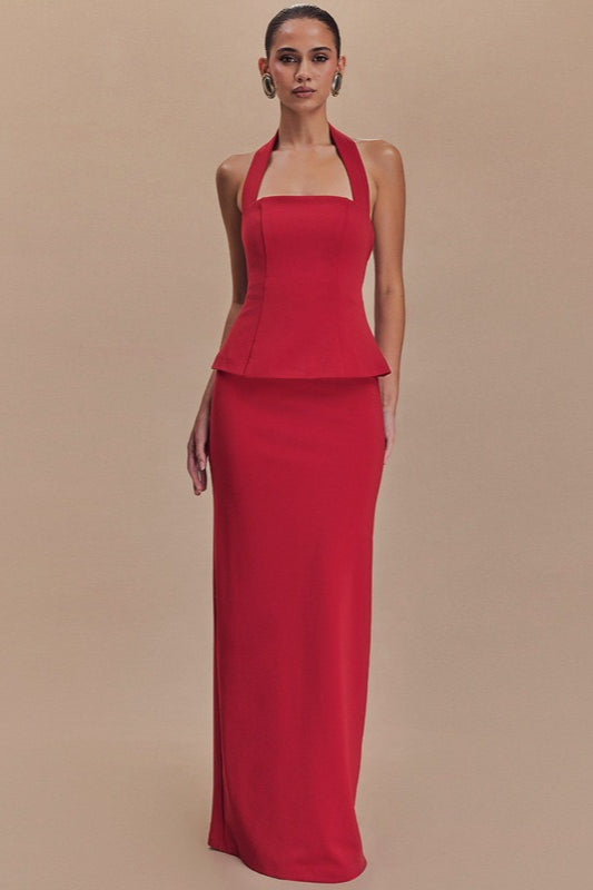Vestido Formal Largo sin Espalda con Cuello Halter Liso