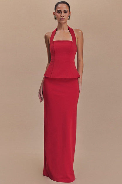 Vestido Formal Largo sin Espalda con Cuello Halter Liso