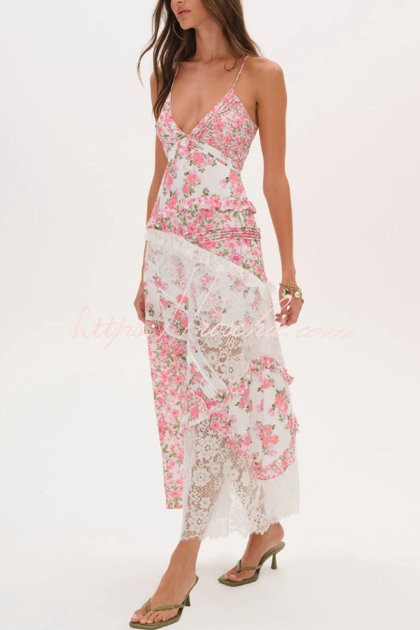 Fashionable Floral Print Lace Patchwork Hollow-out Slim Fit Vacation Ruffle Maxi Dress