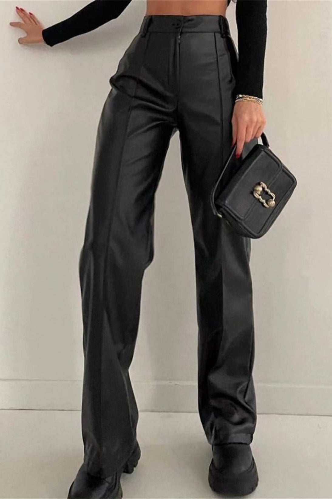 Slim Fit PU Edgy Straight Leg Casual Fashion Pants