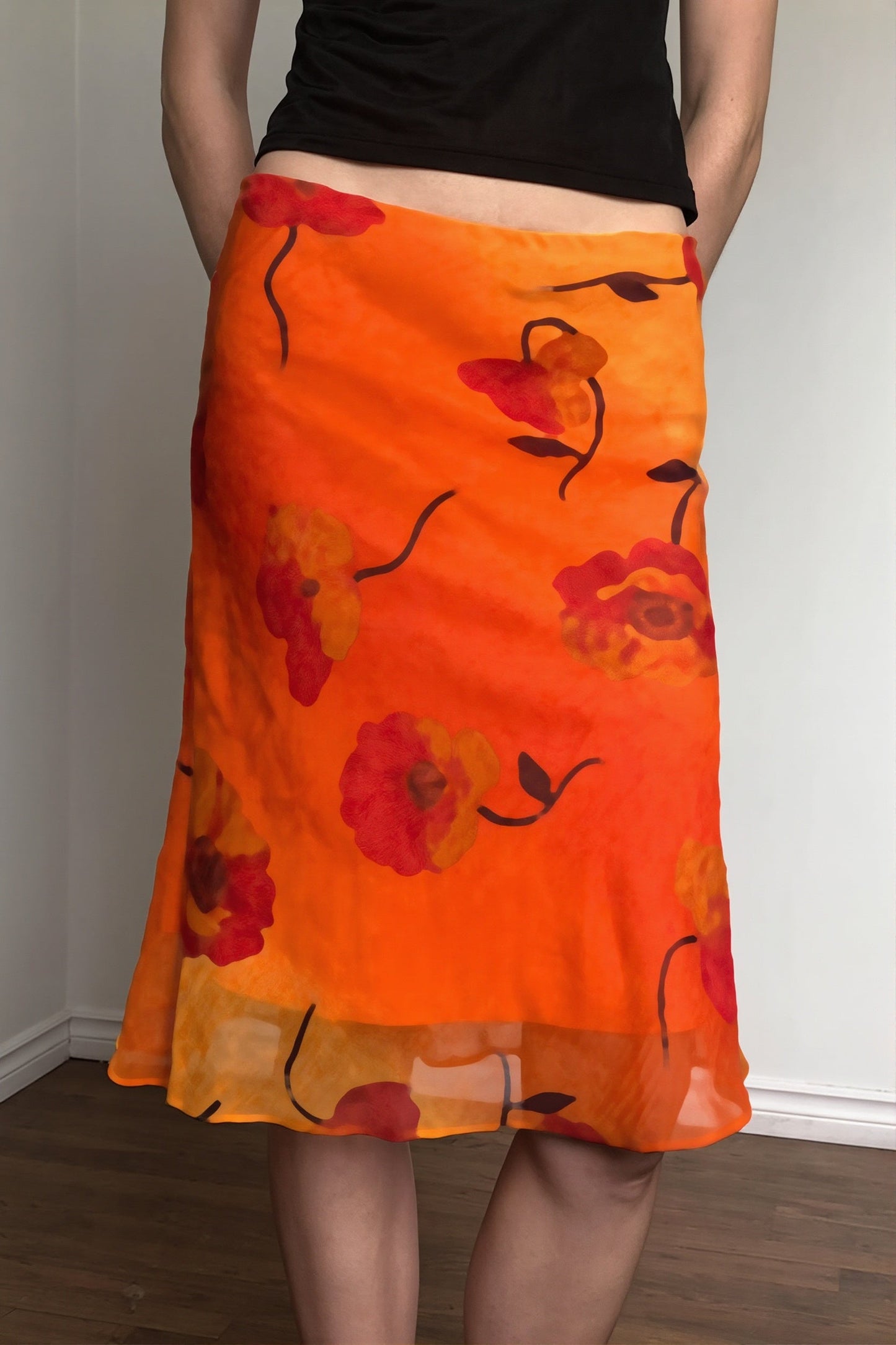 Retro Floral Contrast Chiffon Skirt