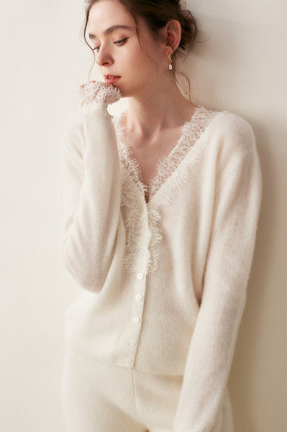 Cashmere Lace-Trimmed V-Neck Knit Cardigan