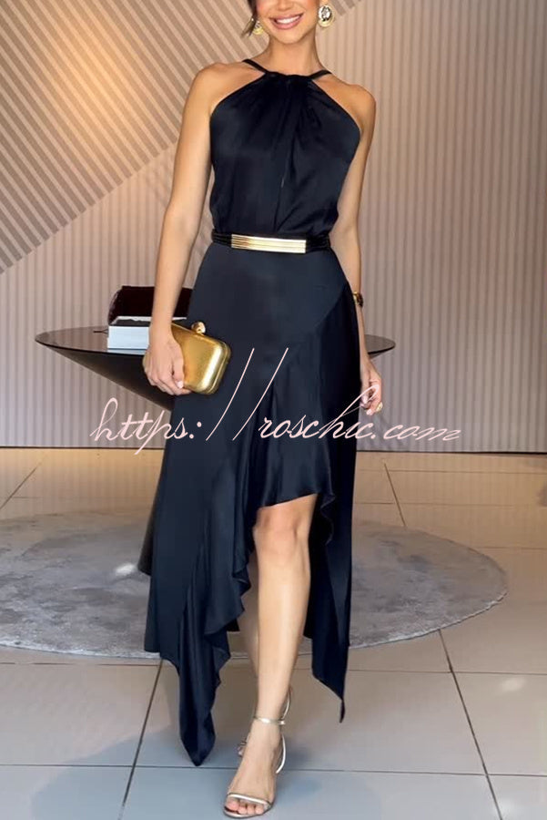 Terez Satin Metallic Belt Halter Neck Irregular Hem Slit Maxi Dress