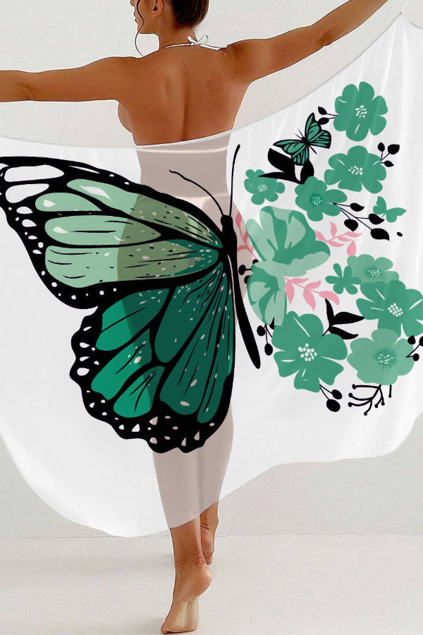Fashionable Color-blocked Butterfly Print Sheer Cover-up Midi Dress