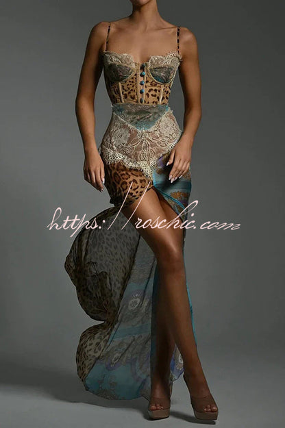 Chiffon Leopard Print Sexy Lace Splicing High Slit Slim Maxi Dress