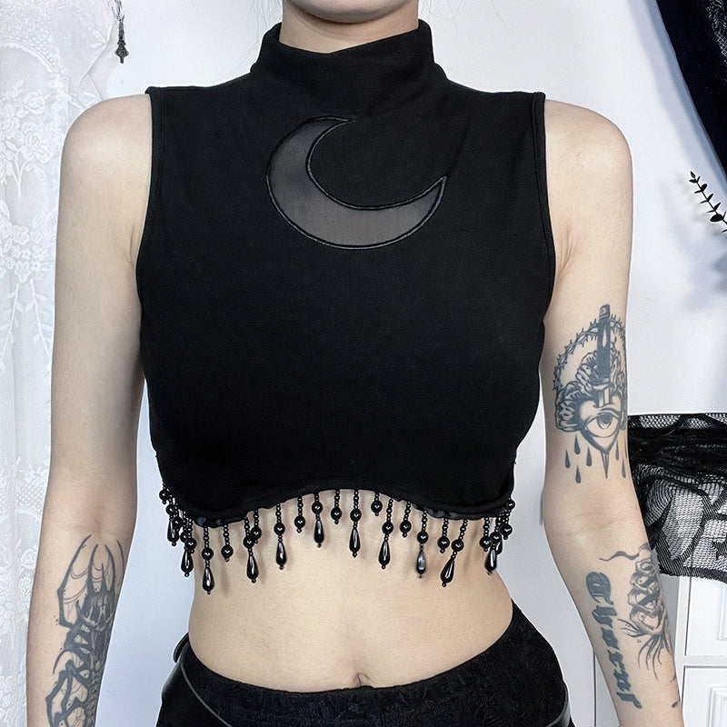 Vintage  Goth Moon Lace See Through Sleeveless Crop Top