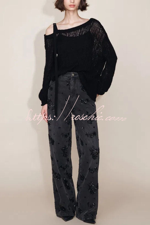 Jhenie Denim Beaded Sequin Floral Pattern Mid Rise Pocket Wide Leg Jeans