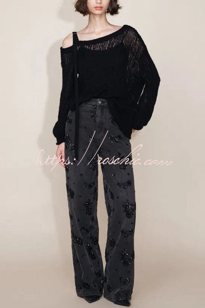 Jhenie Denim Beaded Sequin Floral Pattern Mid Rise Pocket Wide Leg Jeans