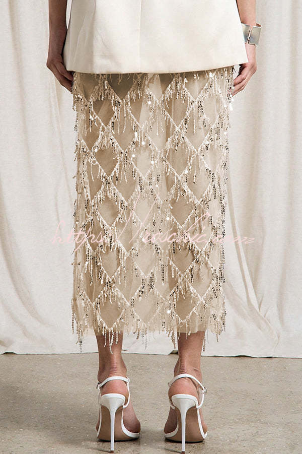 Fashionable Mesh See-through Sequined Tassel Midi Skirt