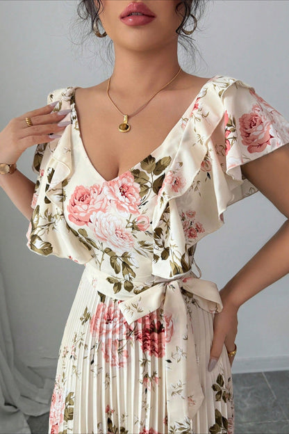 Vestido largo elegante plisado con cuello en V, estampado floral y manga con volantes
