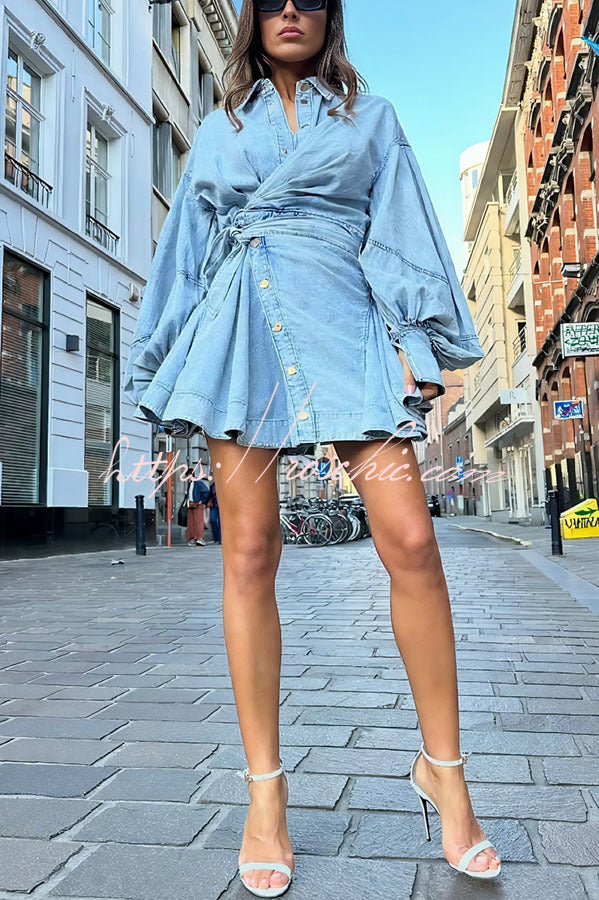Yaron Denim Button Twisted Shape Wrap Long Balloon Sleeve Shirt Mini Dress