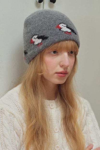 Gorro de punto con patrón de pájaros y bloques de color de mezcla de pelo de conejo