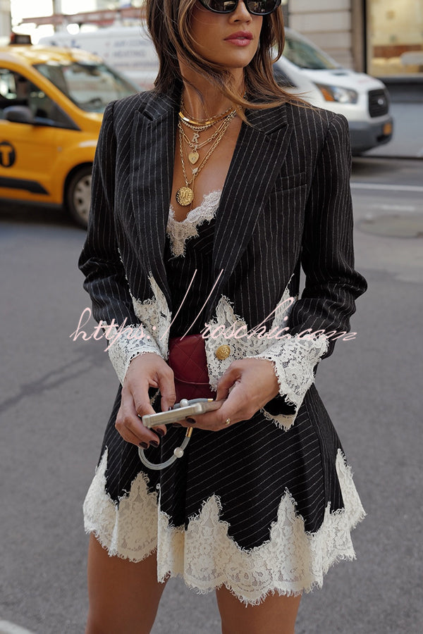 Emily in Paris Striped Lace Trim Pleated Slip Mini Dress(Shipped Within 24 Hours)