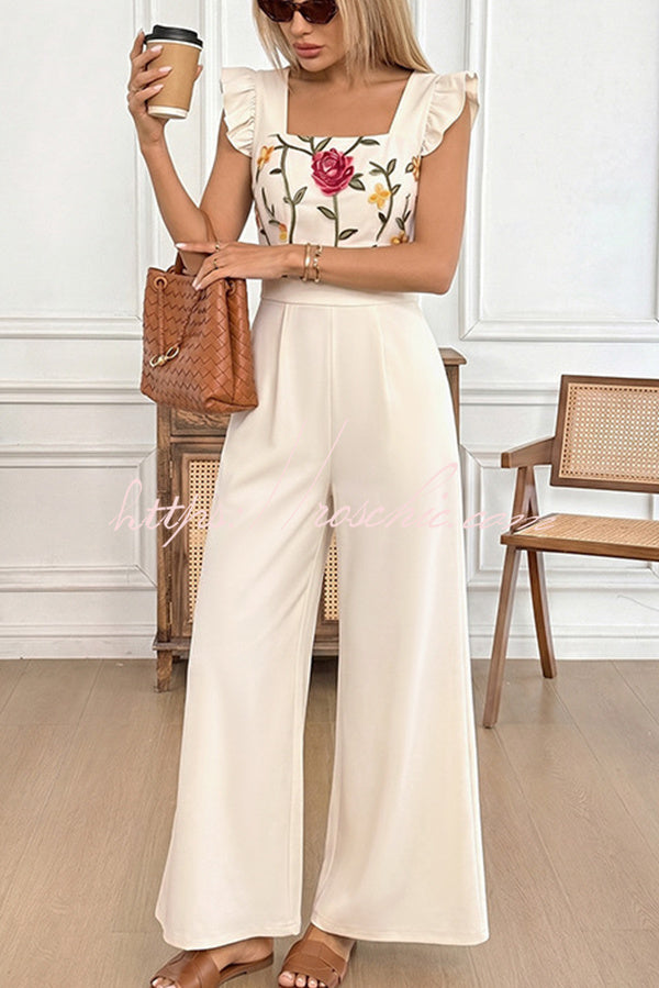 Floral Embroidered Ruffle Trim Jumpsuit