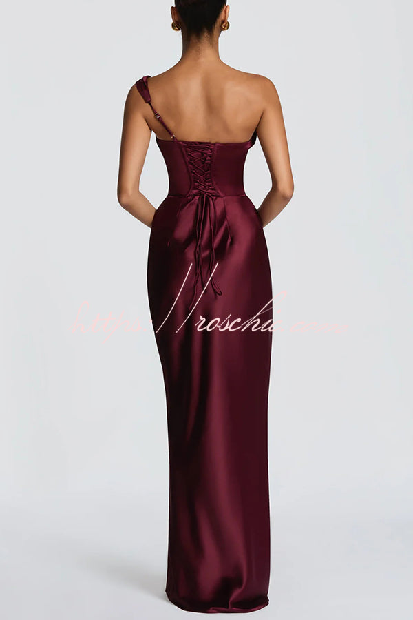 Thalassa Satin One Shoulder Scooped Neck Bias Cut Pleated Maxi Dress