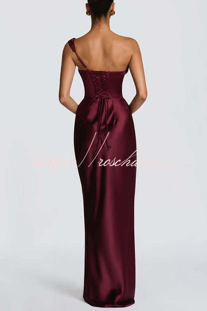 Thalassa Satin One Shoulder Scooped Neck Bias Cut Pleated Maxi Dress