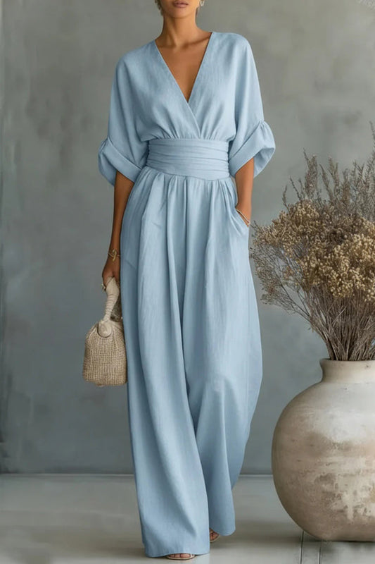 Solid Color V-neck Fitted Waist Pocket Casual Wide-leg Jumpsuit