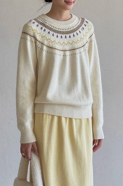 Suéter minimalista suelto de cuello redondo con bloques de color y diseño Fair Isle
