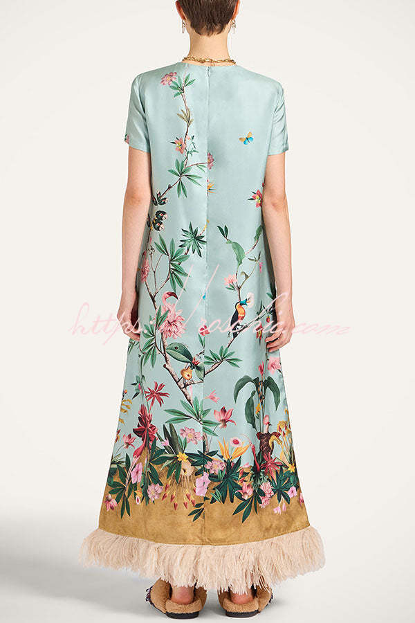 Mezcal Satin Floral Print Contrast Color Printed Short Sleeve Pocket Feather Trim Maxi Dress