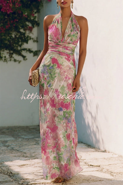 Lauria Chiffon Floral Print Ruched Waist Halter Tie-up Neck Backless Maxi Dress