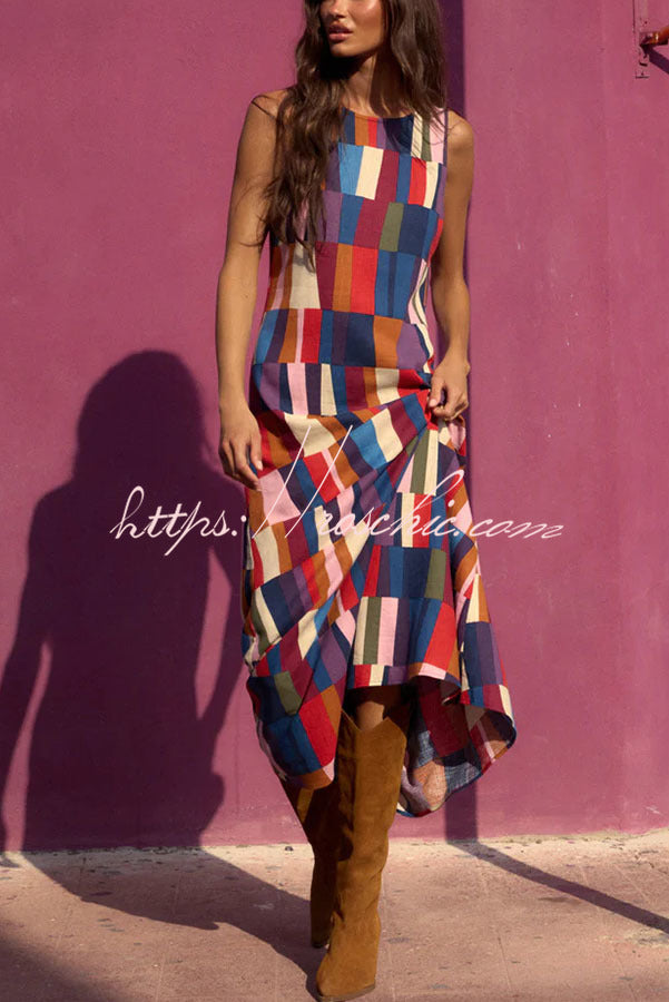 Retro Chic Linen Blend Colorful Color Block High Round Neck Sleeveless Maxi Dress