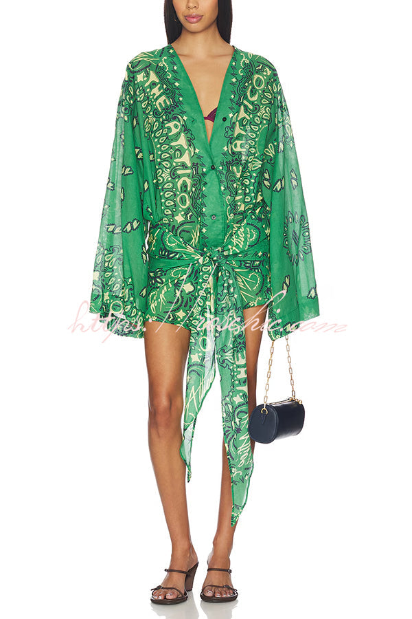 Sulena Linen Blend Ethnic Print Button Up Long Bell Sleeve Warp Tie-up Mini Dress