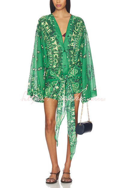 Sulena Linen Blend Ethnic Print Button Up Long Bell Sleeve Warp Tie-up Mini Dress